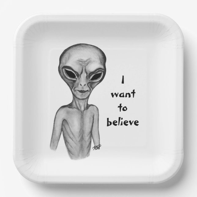 Assiettes En Carton Alien gris, je veux croire (Recto)