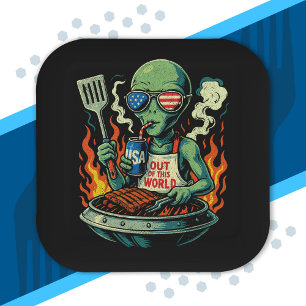 Assiettes En Carton Alien Patriotique Drôle Grillant au Barbecue Améri