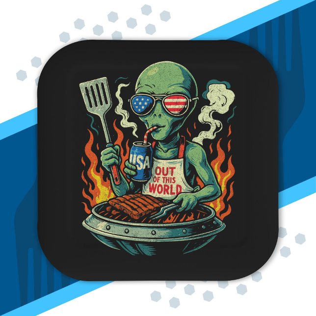Assiettes En Carton Alien Patriotique Drôle Grillant au Barbecue Améri (Créateur téléchargé)