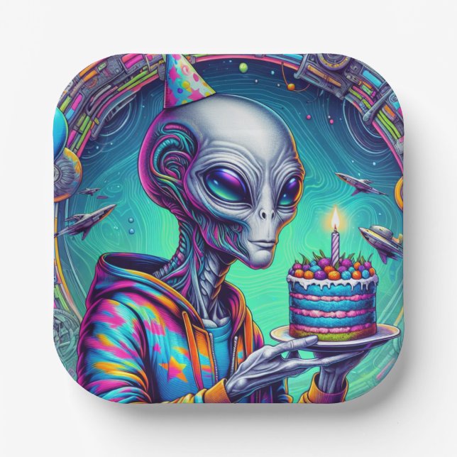 Assiettes En Carton Alien tenant Birthday Cake (Recto)