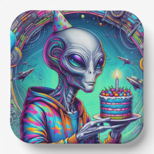 Assiettes En Carton Alien tenant Birthday Cake