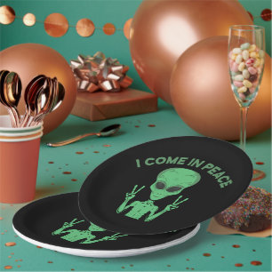 Assiettes En Carton Alien vert je viens en paix Extraterrestre OVNI