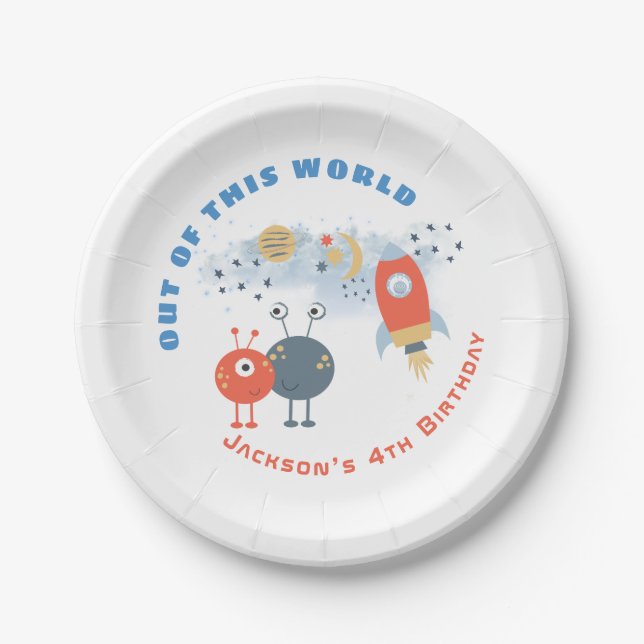 Assiettes En Carton Aliens vaisseau spatial Moon Stars Boy 4e fête d'a (Devant)
