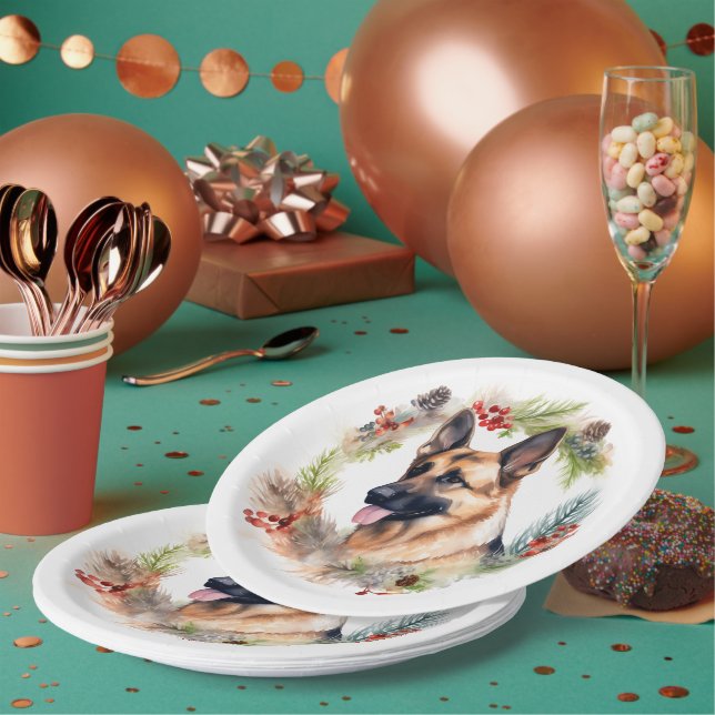 Assiettes En Carton Allemand Berger Noël Wreath Festive Pup (Multi)
