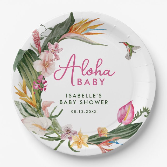 Assiettes En Carton Aloha Baby Baby shower de couronne florale tropica (Devant)