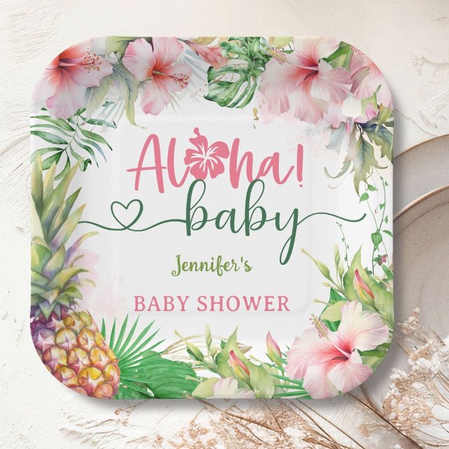 Assiettes En Carton Aloha Baby shower Tropical Luau Girl rose (Créateur téléchargé)