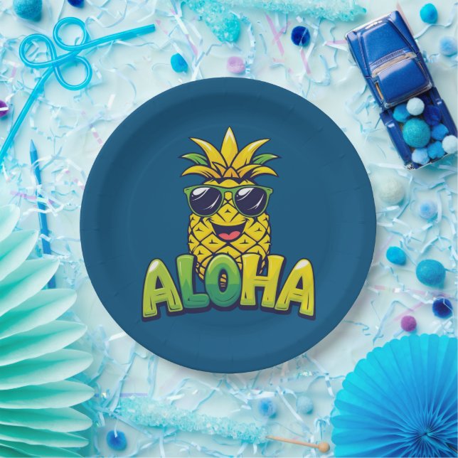 Assiettes En Carton Aloha Collection Ananas Plaques de papier Turquois (Fête)