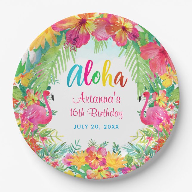 Assiettes En Carton Aloha Flamant rose Tropical Anniversaire Luau Plaq (Devant)