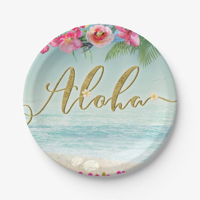 Assiettes En Carton ALOHA Or Gold Tropical Beach Hibiscus Fleurs Flora (Devant)