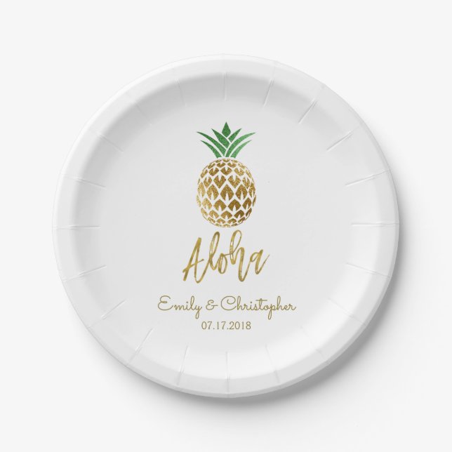 Assiettes En Carton Aloha Tropical Hawaiian Mariage Ananas Blanc (Devant)