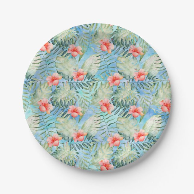 Assiettes En Carton Aloha tropical Hibiscus Baby shower floral (Devant)