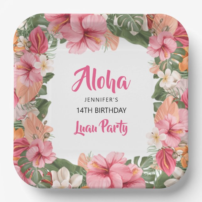 Assiettes En Carton Aloha Tropical Luau Hibiscus Floral Anniversaire (Recto)