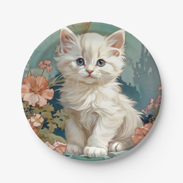 Assiettes En Carton Alphonse Mucha Style Chat blanc (Devant)