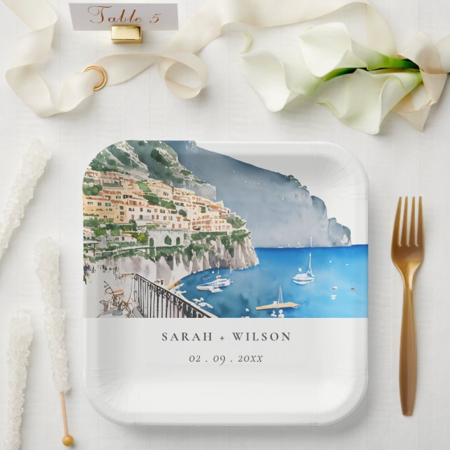 Assiettes En Carton Amalfi Coast Italie Aquarelle Mariage Paysage (Mariage)