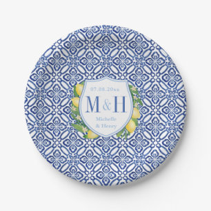 Assiettes En Carton Amalfi Lemons Fête De Mariage Carrelage Bleu Et Bl