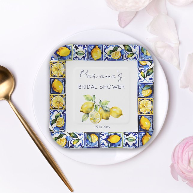 Assiettes En Carton Amalfi Positano tuiles bleues citrons douche nupti (Amalfi Positano blue Majolica tiles lemons bridal shower tableware personalized napkins watercolor)