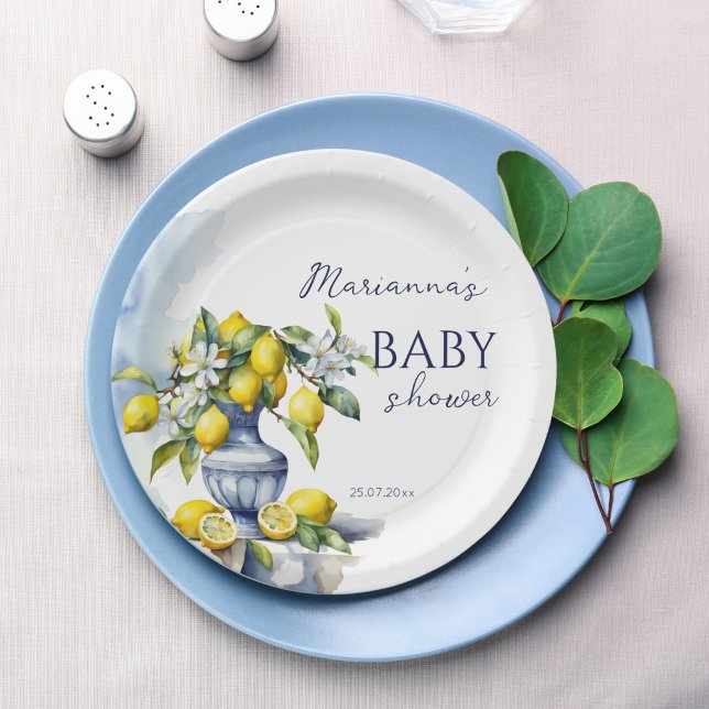 Assiettes En Carton Amalfi Vase bleu italien citron baby shower imprim (Amalfi Italian blue vase lemon baby shower monogram printed Paper Plates personalized table decor)