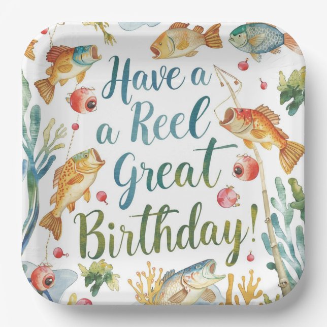 Assiettes En Carton Amateurs de pêche Aquarelle d'anniversaire (Recto)