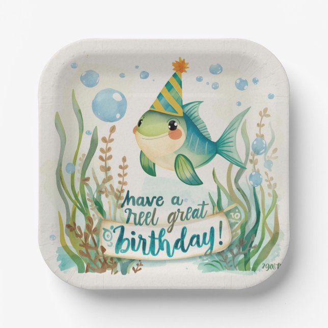 Assiettes En Carton Amateurs de pêche Aquarelle d'anniversaire (Recto)