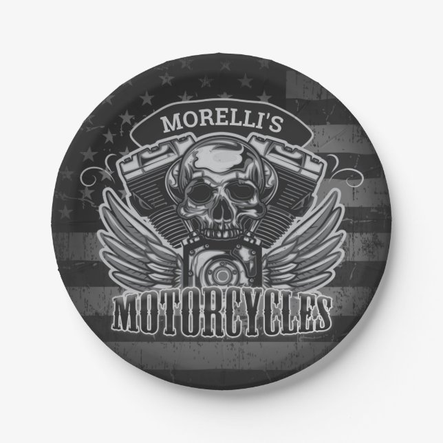 Assiettes En Carton American Biker AJOUTER LE NOM Skull V-Twin Motos (Devant)