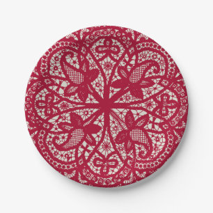 Assiettes En Carton American Doily & Lace, 6, Rouge On Cream