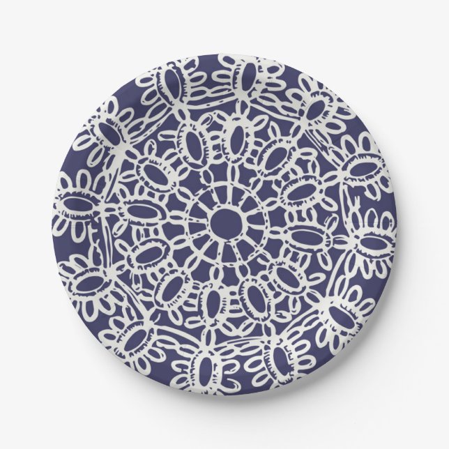 Assiettes En Carton American Doily & Lace, 7, Crème sur bleu (Devant)