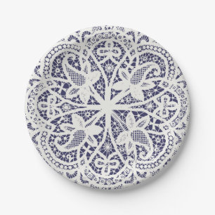 Assiettes En Carton American Doily & Lace, 8, Crème sur bleu