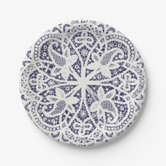 Assiettes En Carton American Doily & Lace, 8, Crème sur bleu
