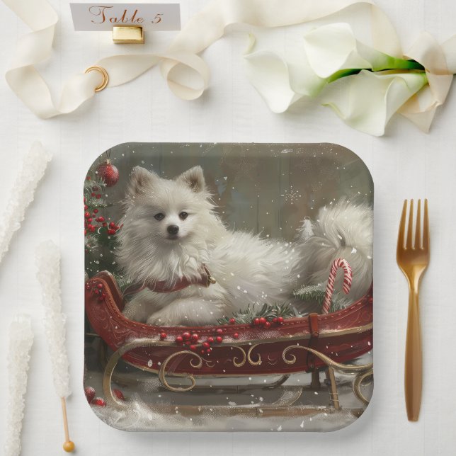 Assiettes En Carton American Eskimo Chien Festif de Noël (Mariage)