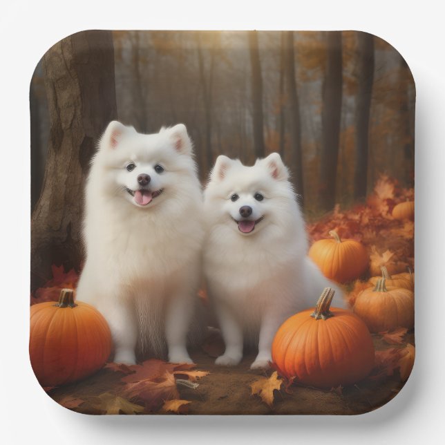 Assiettes En Carton American Eskimo Chiot Automne Citrouille délice (Recto)