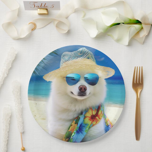 Assiettes En Carton American Eskimo on Beach, cadeau d'été pour amoure (Mariage)
