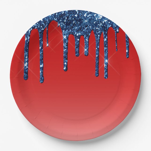 Assiettes En Carton Americana Red Blue Glitter Drip (Devant)