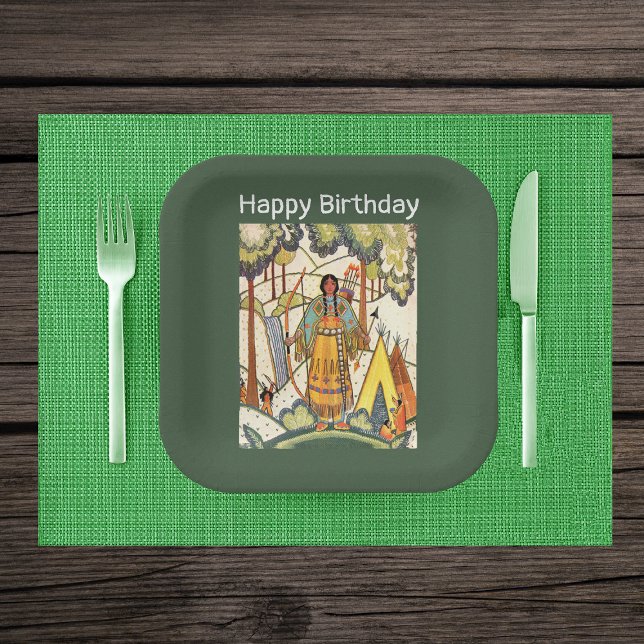 Assiettes En Carton Amérindienne d'Amérique de l'Ouest Femme Woods Gre (Native American woman in woods tepee embroidered texture on dark green paper party plates.)