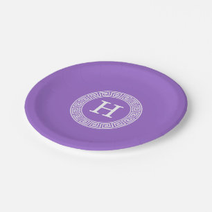 Assiettes En Carton Améthyste Wht Cadre Rnd Clé Grecque Monogramme Ini