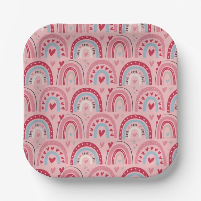 Assiettes En Carton Amour Coeur Valentines Jour Carré arc-en-ciel (Recto)