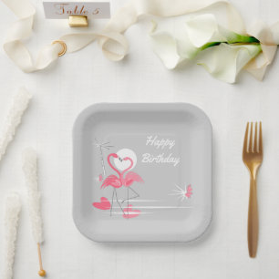 Assiettes En Carton Amour de flamant rose Joyeux Anniversaire carré 