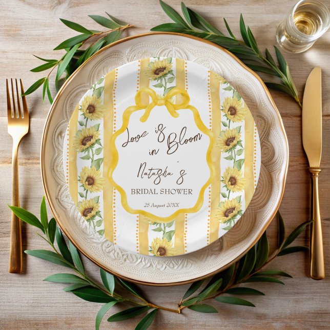 Assiettes En Carton Amour en fleurs tournesols nuptiale douche monogra (Love in bloom sunflowers retro stripes grandmillenial bridal shower monogrammed paper plates)