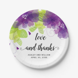 Assiettes En Carton Amour et merci fleurs violettes, mariage floraux