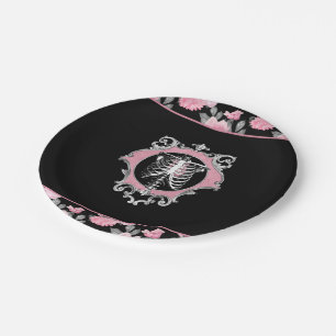 Assiettes En Carton Amour gothique   Squelette rose et noir Coeur flor