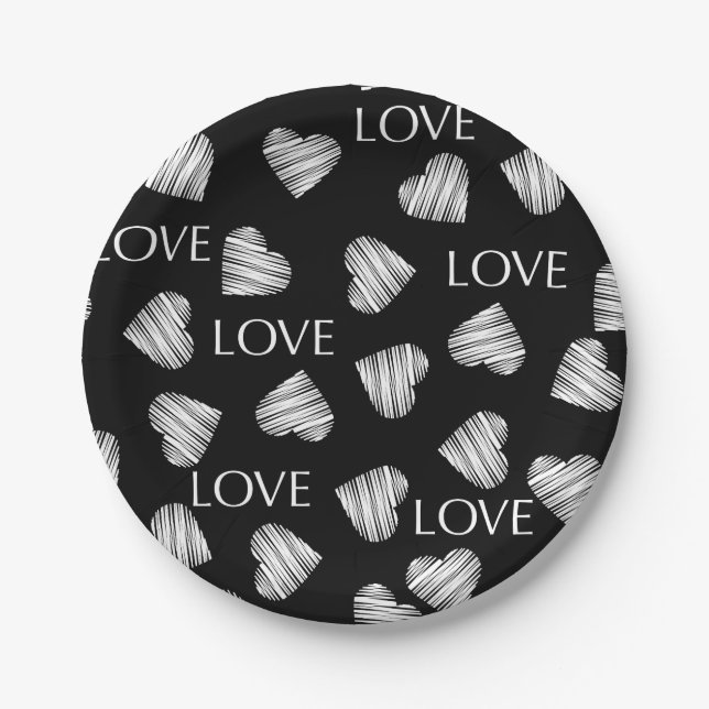 Assiettes En Carton Amour sans coutures Valentines Jour noir noir blan (Devant)