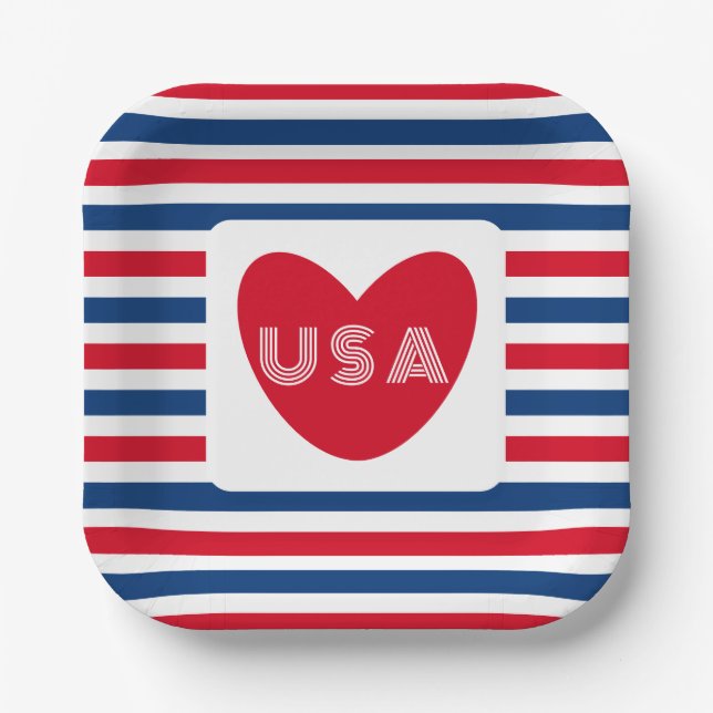 Assiettes En Carton Amour USA Patriotique Rouge Bleu Bleu Coeur amusan (Recto)