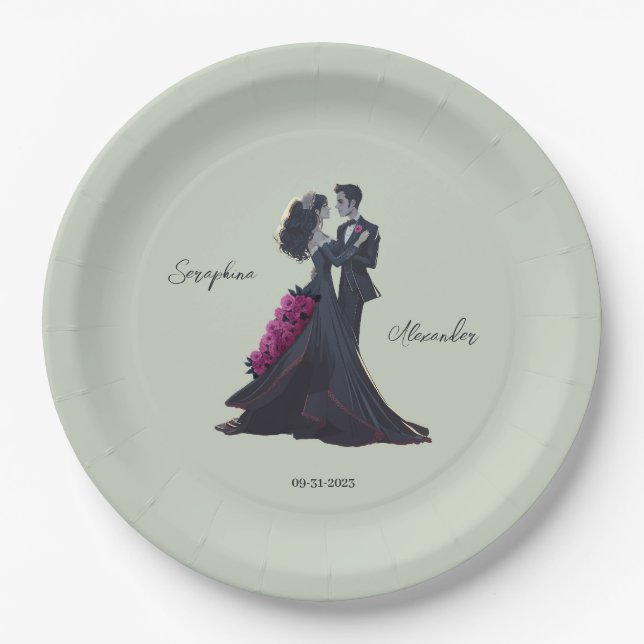 Assiettes En Carton Amoureux romantiques gothiques Mariage élégant (Devant)