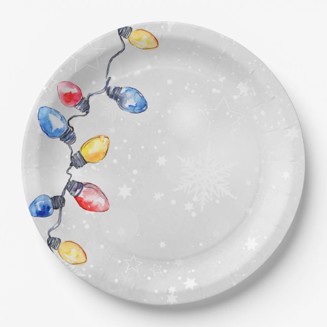 Assiettes En Carton Ampoules de Noël, Lumières à cordes, Vacances (Devant)