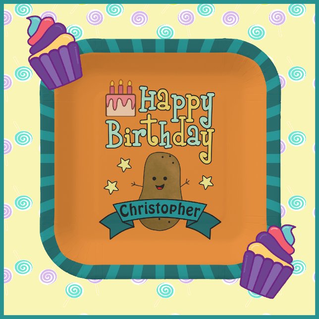 Assiettes En Carton Amusant Joyeux Anniversaire Pomme de terre personn (Adorable potato personalized birthday paper plates.)
