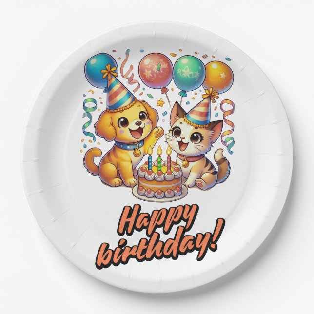 Assiettes En Carton Amusants & mignonette Anniversaire Puppy & Kitten  (Devant)