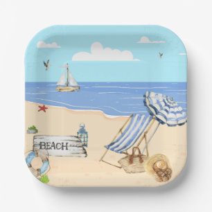 Assiettes En Carton Amusement À La Plage Bleu Aqua Aquarelle Scène