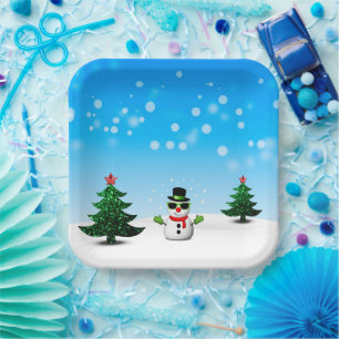 Assiettes En Carton Amusement cool Snowman Sparkly Noël Arbres bleus