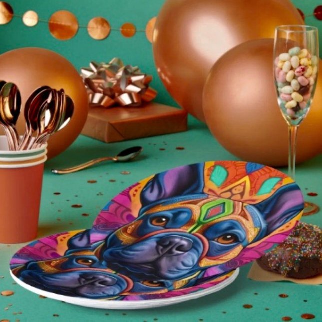 Assiettes En Carton Amusement Frenchie  (Colourful Frenchie  paper plates durable paper stock FDA compliant food safety. 
)