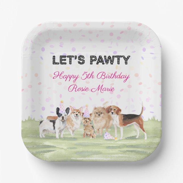 Assiettes En Carton Amusons Fun Let's Pawty Rose Custom Chien fête d'a (Recto)