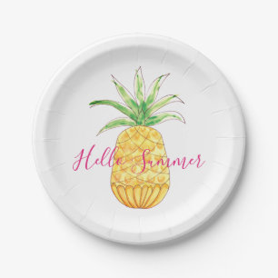 Assiettes En Carton Ananas Bonjour été Aquarelle rose jaune